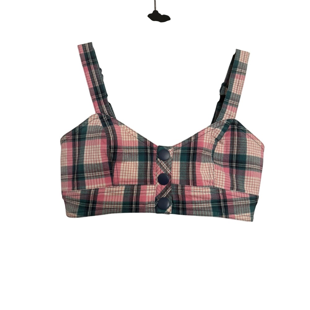 Urban Outfitters Pink Green Plaid Button Front Crop Top Smocked Back Small
